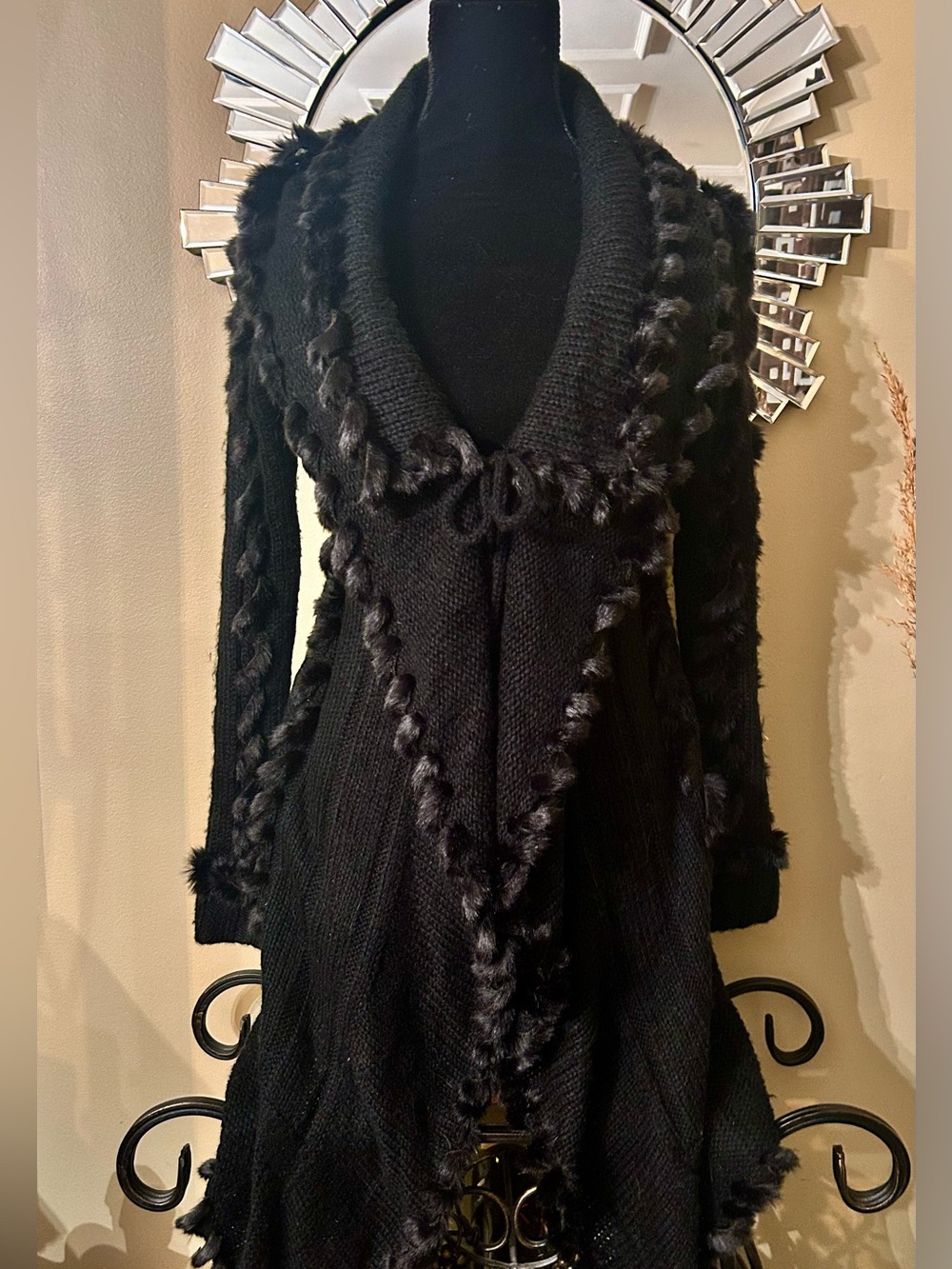 Lapis Vintage Black Faux Fur-Trim Open Front Cascade Cardigan